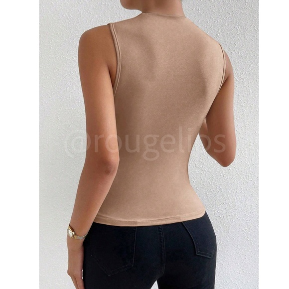 Ruched Khaki Asymmetrical Sleeveless Shirt Top Stretchy - Picture 4 of 8